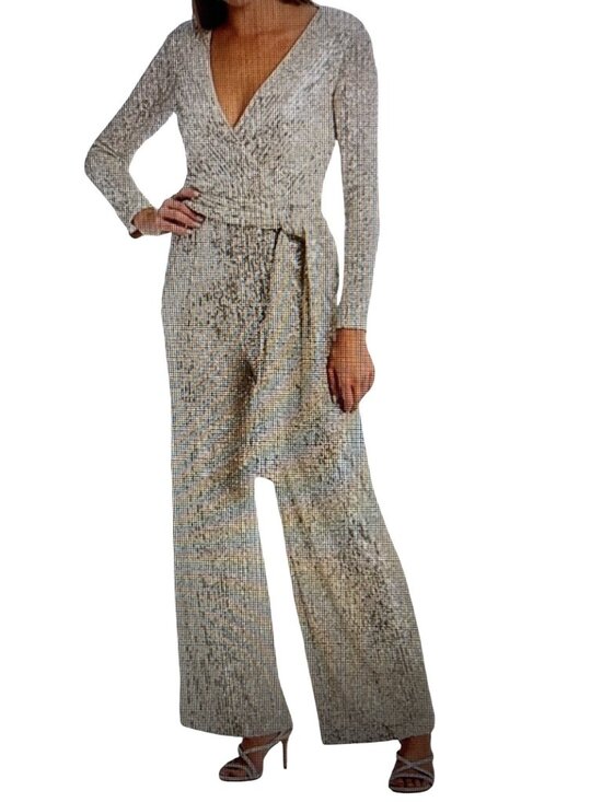Eliza J Pants - Eliza J Women's Long-Sleeve Social-Sequin Jumpsuit Silver 4P NWT